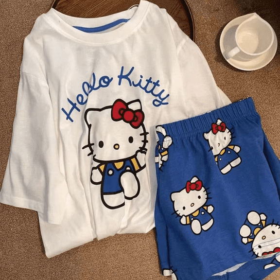 Sanrio Hello Kitty Pajamas Summer Women's Cartoon White T-shirt And Blue Shorts Suit Soft Breathable Household Clothes