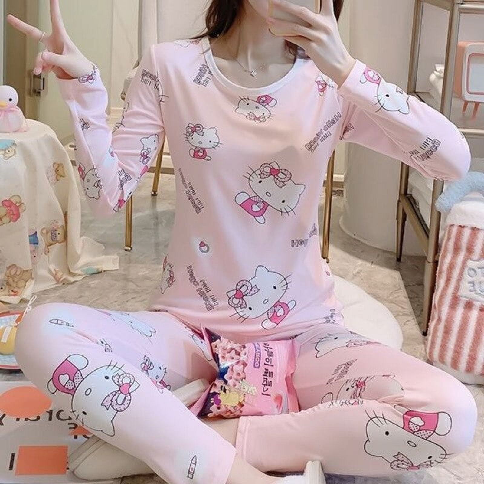 Sanrio Hello Kitty Pajamas Women Autumn Thin Velvet Warm Underwear  Bottoming Sets Y2k Kawaii Cartoon Anime Slim Fit Home Clothes 