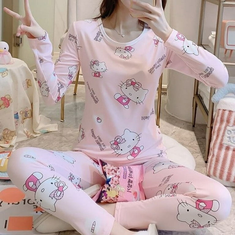 Sanrio Hello Kitty Pajamas Women Autumn Thin Velvet Warm Underwear  Bottoming Sets Y2k Kawaii Cartoon Anime Slim Fit Home Clothes