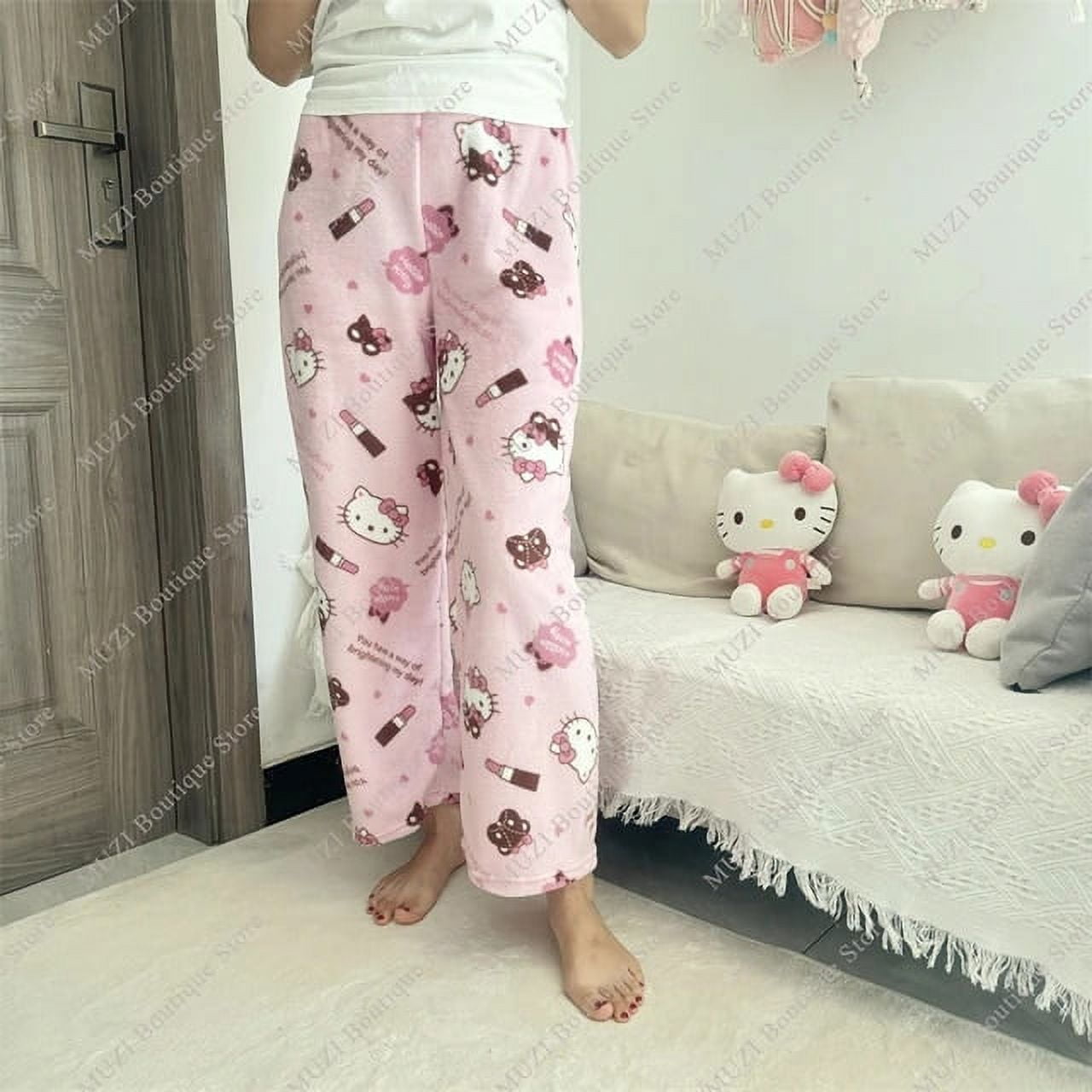 Sanrio Hello Kitty Pants Cute Cartoon Kuromi Women Pajama Coral Velvet ...