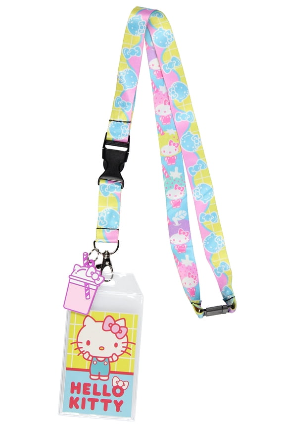 Sanrio Hello Kitty Pastel ID Badge Holder Lanyard w/ Kitty Cup Rubber Pendant