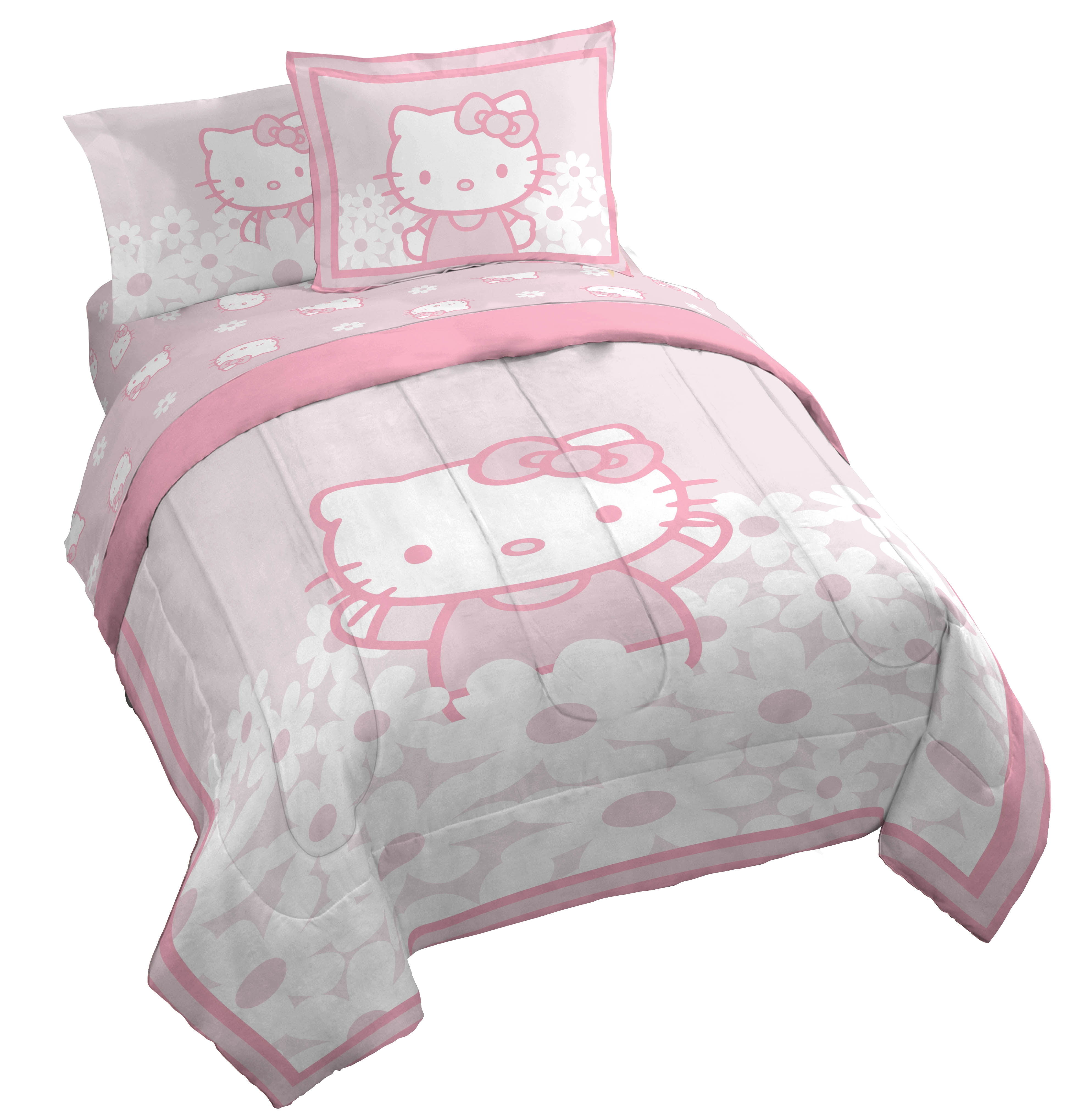 Sanrio Hello Kitty Pink Flower Patch 7 Piece Full Size Bed Set with Shams