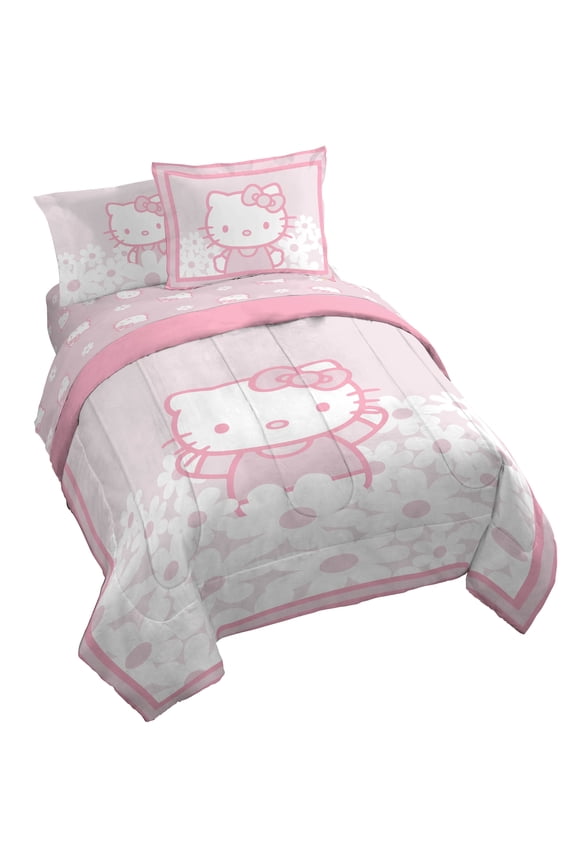 Sanrio Hello Kitty Pink Flower Patch 7 Piece Full Size Bed Set with Shams