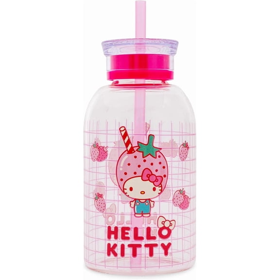 Silver Buffalo Sanrio Hello Kitty Strawberry Milk Grid Glass Milk Bottle with Straw, 15 Ounces
