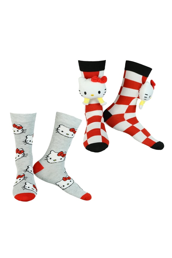 Sanrio Hello Kitty Plush Head Design 2-Pack Mid-Calf Crew Sock Set in Gift Box, 2 Pairs