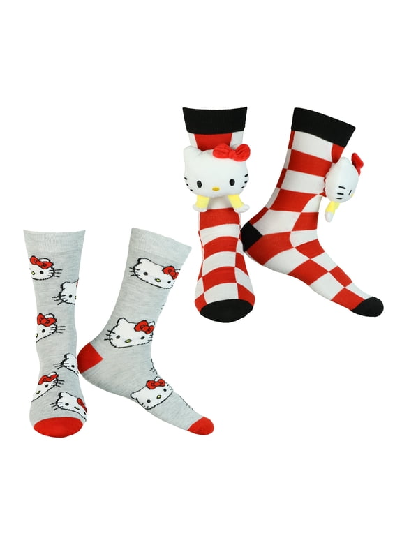 Hello Kitty Plush Head Design 2-Pack Mid-Calf Crew Sock Set in Gift Box, 2 Pairs