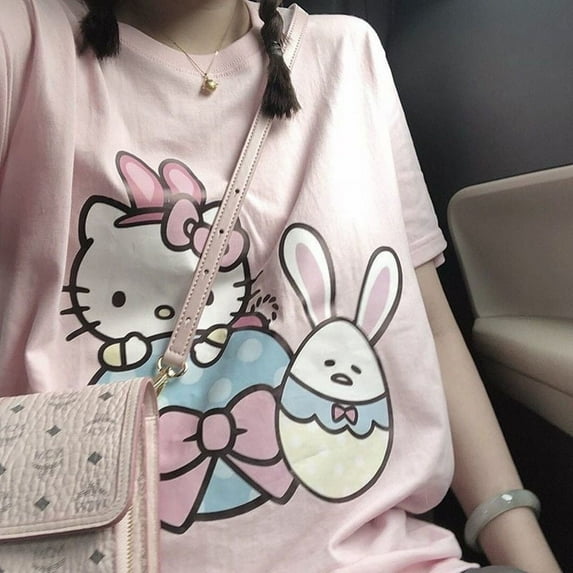 Sanrio Hello Kitty Printed Cartoon Cute Pink Short Sleeve T-shirt Women's New Summer Tees Loose Oversize Student Tops Clothes