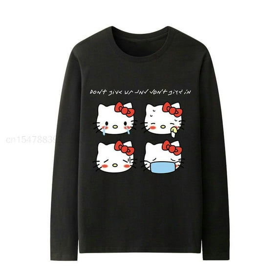 Sanrio Hello Kitty Printed Cotton Black Long Sleeved Female Japanese Y2k Girl Lovely T-shirt Loose Student Top Clothes for Women