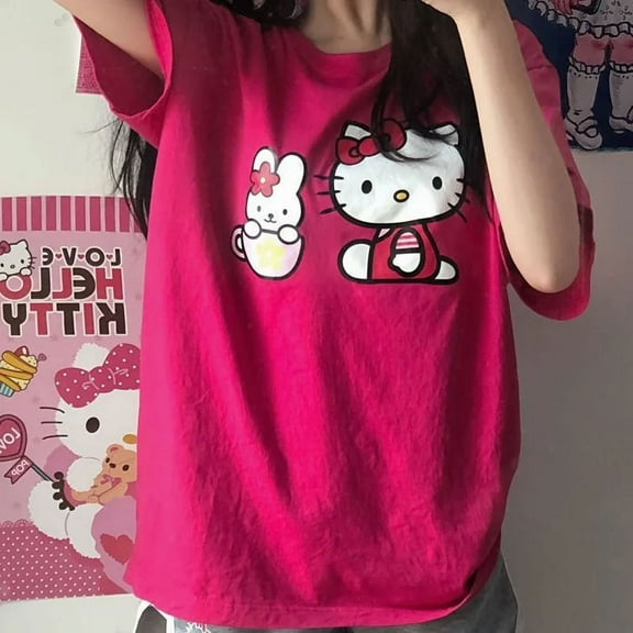 Sanrio Hello Kitty Rose Red Cotton Short Sleeve T-shirt Women's Summer Clothing New 2022 Style Loose Student Top Women Y2k Girls