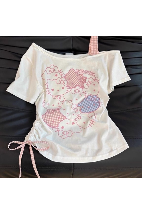 Sanrio Hello Kitty Short Sleeve T Shirt Cotton Summer Cute Print Bow Off Shoulder Irregular Asymmetrical Tops