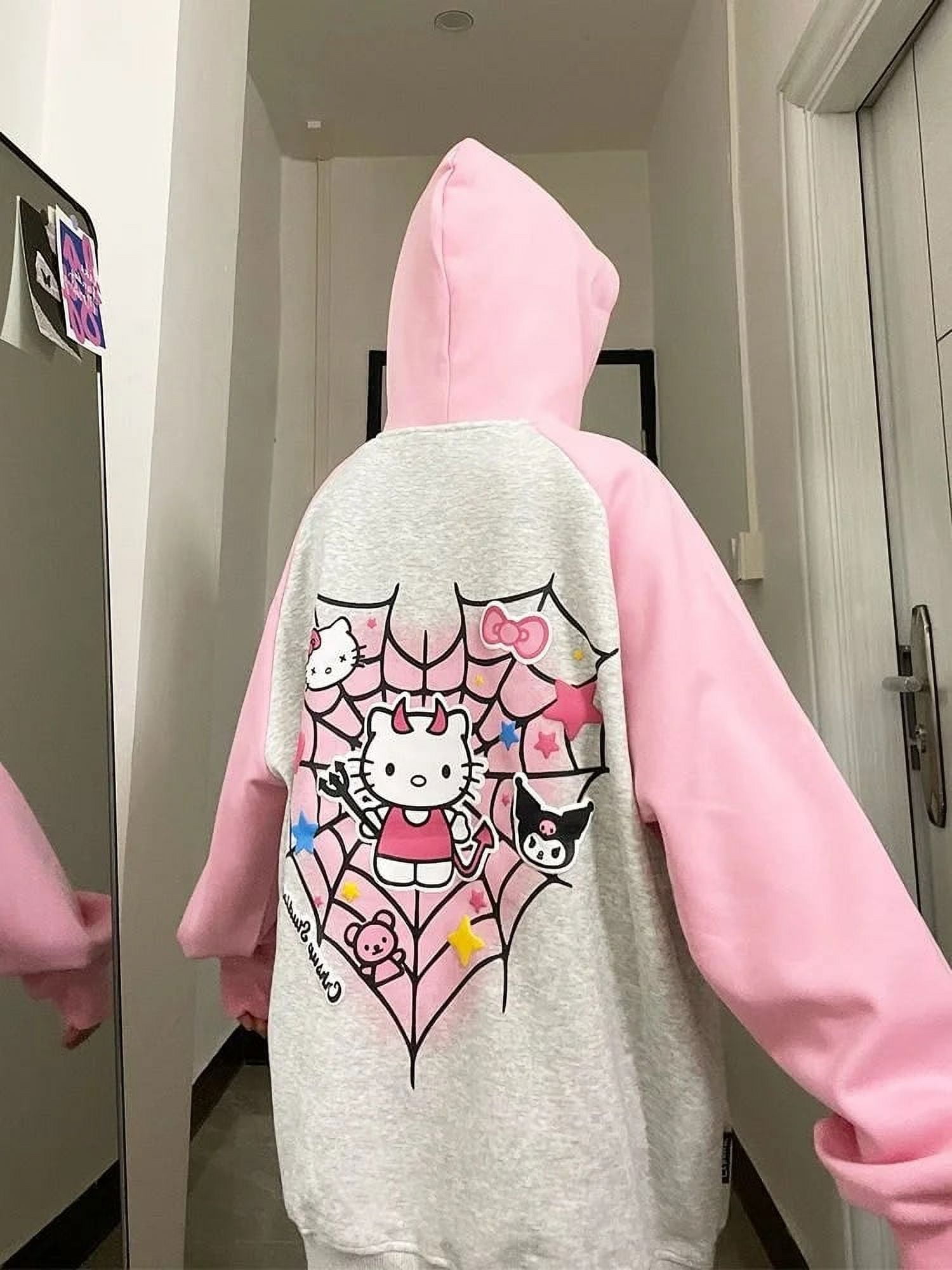 Sanrio Hello Kitty Spider Web Hoodie Women Yk2 Thick Sweet Cute Devil Kuromi Hooded Pink Tops Female Y 2k Hip Hop Harajuku Tops