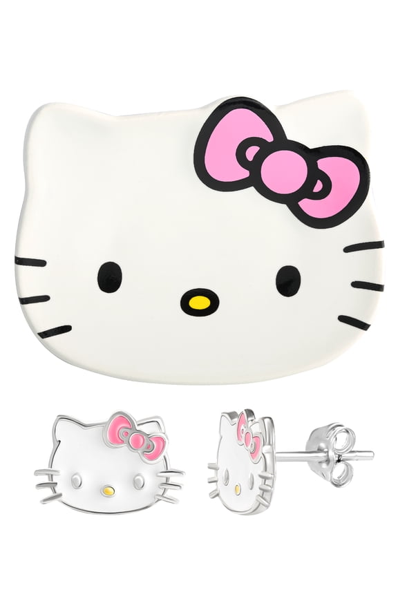 Sanrio Hello Kitty Sterling Silver Enamel Stud Earrings with Ceramic Hello Kitty Trinket Tray