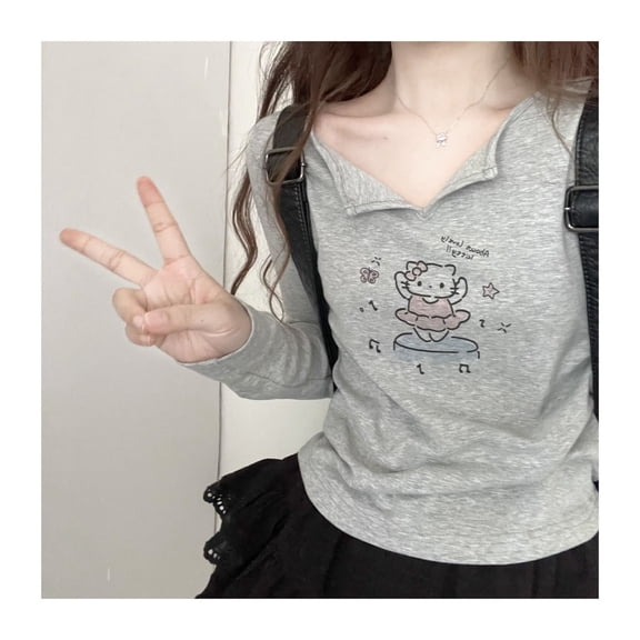 Sanrio Hello Kitty Stripe Long Sleeve T-shirt Women's Spring Autumn Sweet Thin Bottom Tees Cute Yk2 Punk Harajuku Top Girls Y 2k