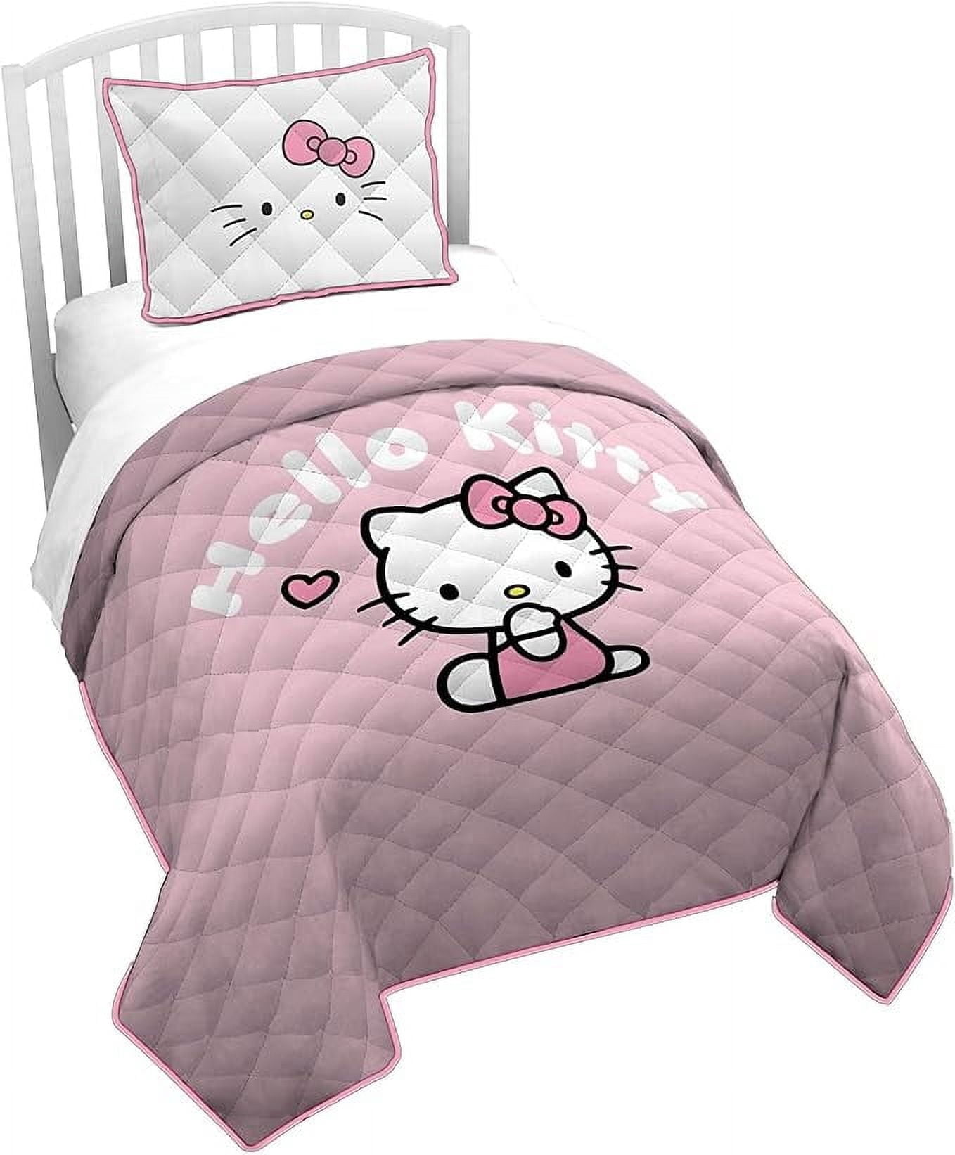Sanrio Hello Kitty Stripes & Hearts 2 Piece Twin Size Quilt & Sham Set