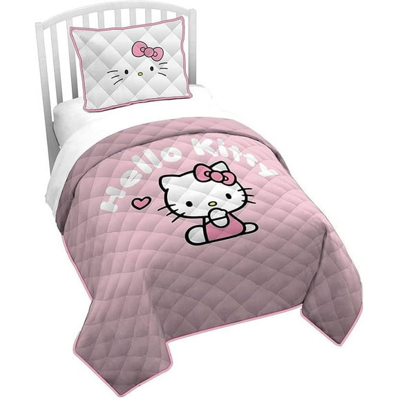 Sanrio Hello Kitty Stripes & Hearts 2 Piece Twin Size Quilt & Sham Set