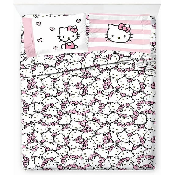 Sanrio Hello Kitty Stripes & Hearts 4 Piece Full Size Sheet Set