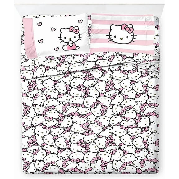 Sanrio Hello Kitty Stripes & Hearts 4 Piece Full Size Sheet Set