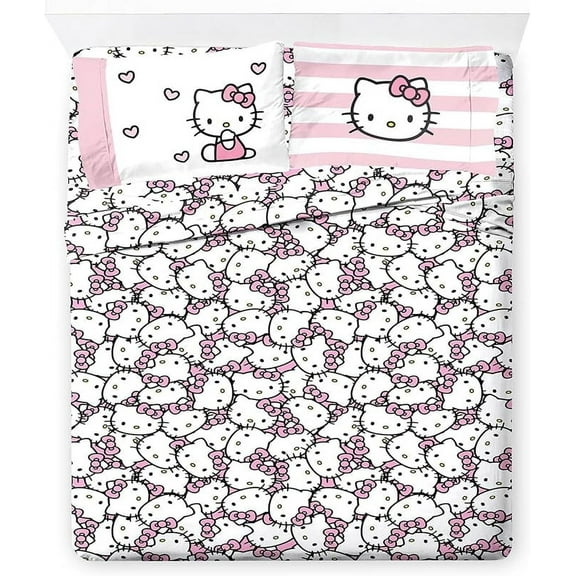 Sanrio Hello Kitty Stripes & Hearts 4 Piece Queen Size Sheet Set