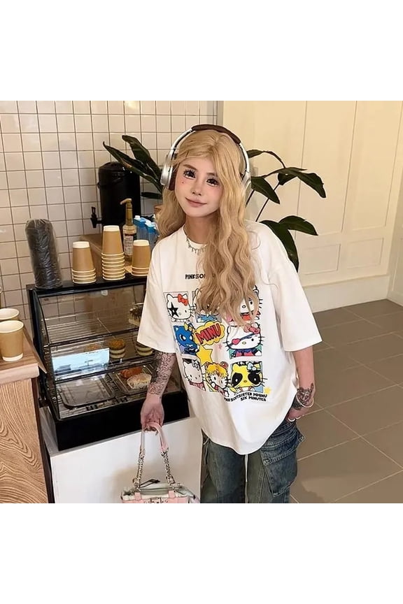 Sanrio Hello Kitty Summer Clothes New Fashion Cotton Tees Y2k High Street Tops Women Korean Style Trend Short Sleeve T-shirts