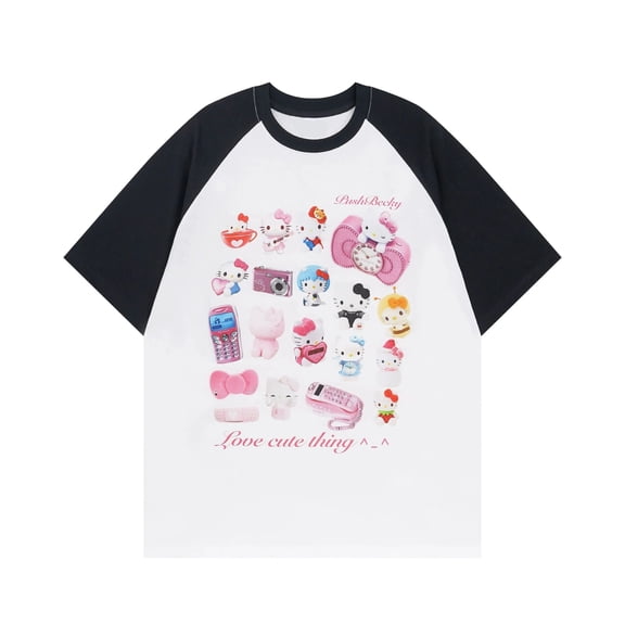 Sanrio Hello Kitty Summer Printed Colour Block Sleeve Cute Casual Round Neck Couple Short Sleeve Loose Sweet T-Shirt