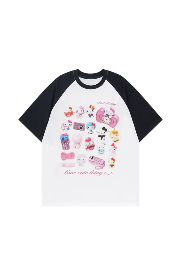 Sanrio Hello Kitty Summer Printed Colour Block Sleeve Cute Casual Round Neck Couple Short Sleeve Loose Sweet T-Shirt