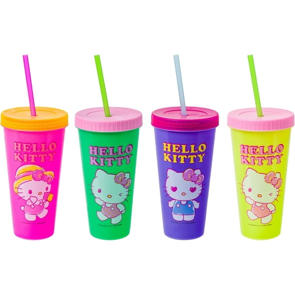 Sanrio Hello Kitty Summertime Gardening 4-Pack Color Changing Plastic Tumblers Includes Lid and Straw, 24 Ounces