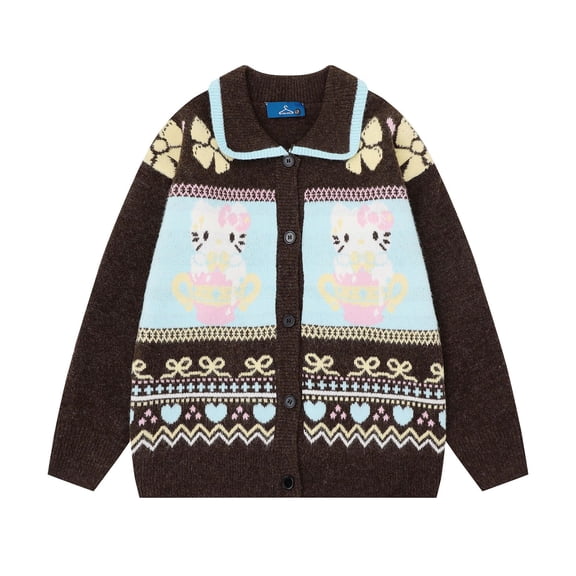 Sanrio Hello Kitty Sweater Kawaii Anime Fashion Casual Round Neck Autumn Winter Knitwear Cardigan Tops New Style