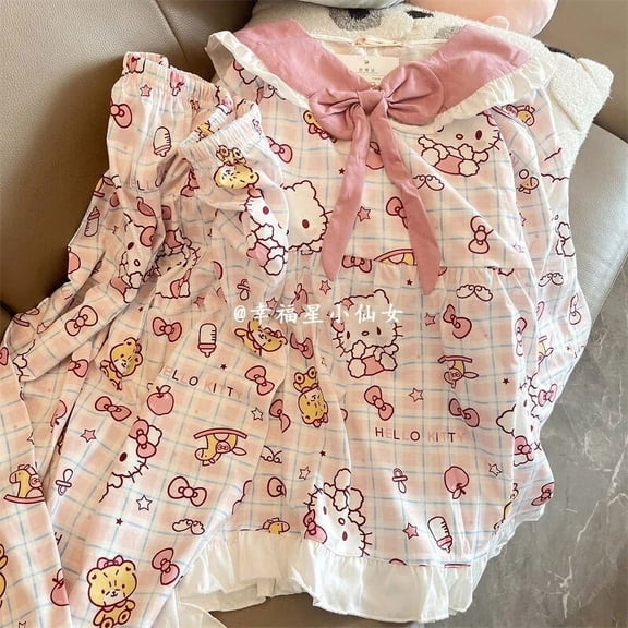 Sanrio Hello Kitty Sweet Print Pajamas 2022 New Spring Autumn Kawaii Pink Long Sleeve Pants Y2k Student Home Clothes Set Women