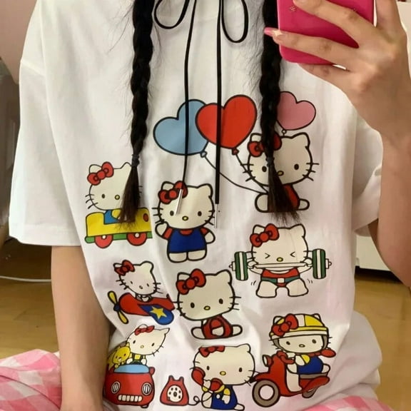 Sanrio Hello Kitty Sweet and Cute Cartoon Printed Short Sleeved T-shirt Y2k Women's Summer Loose Casual Round Neck Tops Clothes