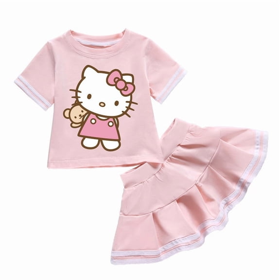 Sanrio Hello Kitty T-Shirt Skirt Set Summer New Cartoon Printing Cotton Short-Sleeved A-Line Skirt Two-Piece Gift