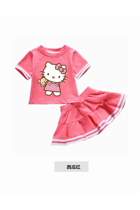 Sanrio Hello Kitty T-Shirt Skirt Set Summer New Cartoon Printing Cotton Short-Sleeved A-Line Skirt Two-Piece Gift