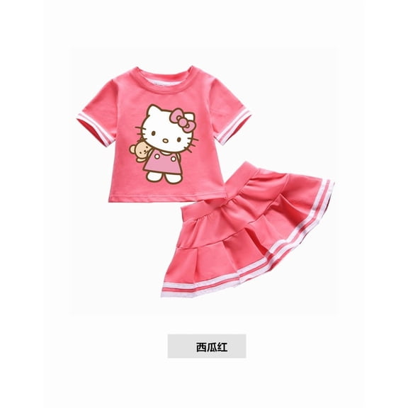 Sanrio Hello Kitty T-Shirt Skirt Set Summer New Cartoon Printing Cotton Short-Sleeved A-Line Skirt Two-Piece Gift