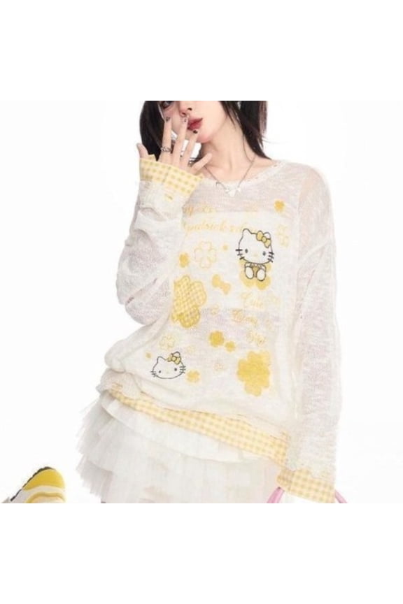 Sanrio Hello Kitty T-shirt Cartoon Fashion Woman's Sloping Shoulder Top Summer Simplicity Breathable Thin Sunscreen Clothing