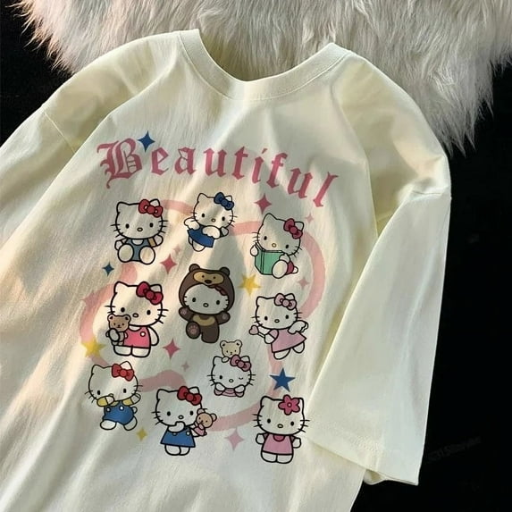 Sanrio Hello Kitty T-shirt Cotton Summer 2024 New Print For Youthful Woman Clothes 90s Fashion Hip Hop Gothic Tees Y2k 2000s Top