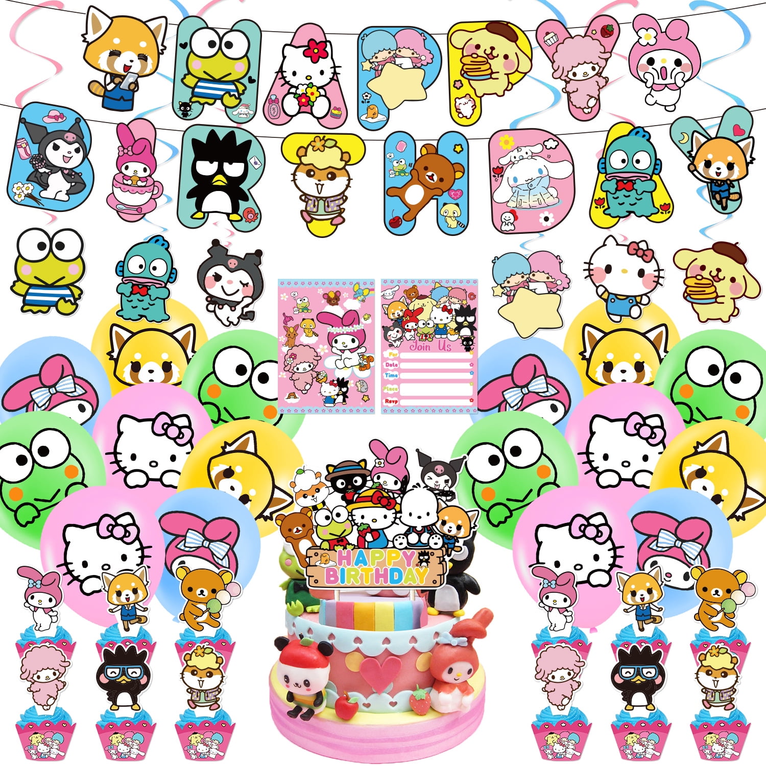 Sanrio Hello Kitty Themed Birthday Party Decorations Party Supplies Include  Banner/Triangle Flag/Honeycomb Ball/Cake Topper/Cupcake Topper/Balloons/Hanging  Swirls/Round String/Invitation Cards 