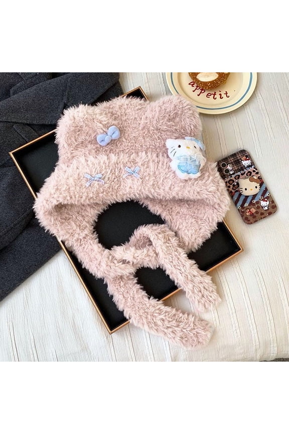 Sanrio Hello Kitty Thicken Plush Warm Fur Hat Women Winter Warm Kawaii Cute Cartoon Casual for Cold Weather Snow Caps Gift