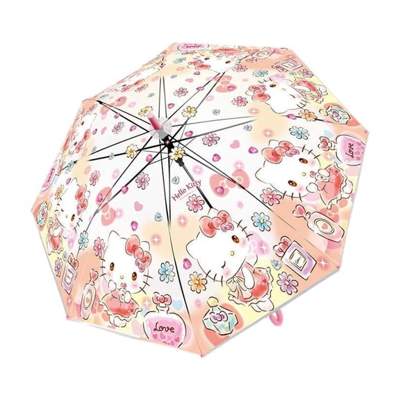 Sanrio Hello Kitty Transparent Auto Open 8 Fiberglass Ribs Stick Umbrella.
