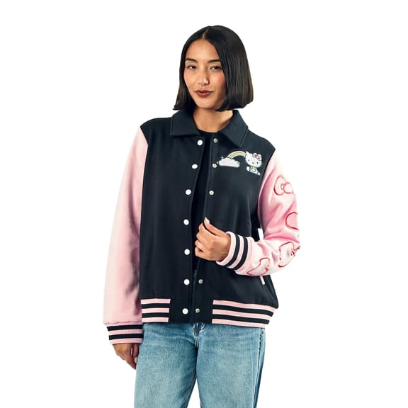 Sanrio Hello Kitty Varsity Jacket Women's Embroidered Rainbow Patch Button Up