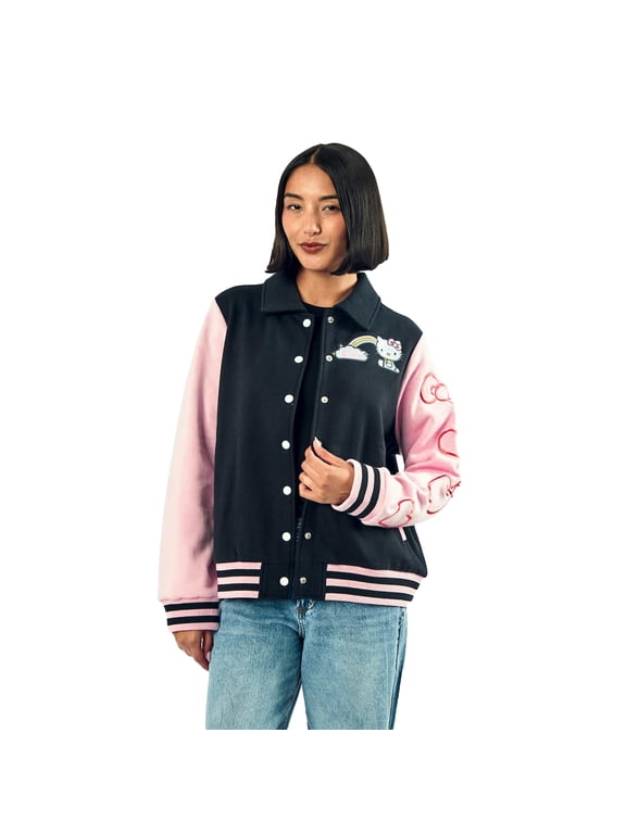 Hello Kitty Varsity Jacket Women's Embroidered Rainbow Patch Button Up