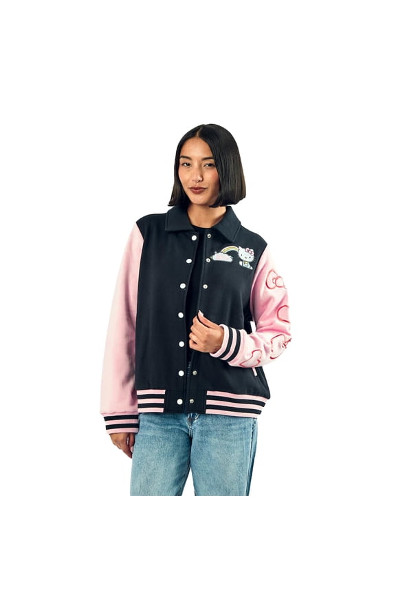 Sanrio Hello Kitty Varsity Jacket Women's Embroidered Rainbow Patch Button Up