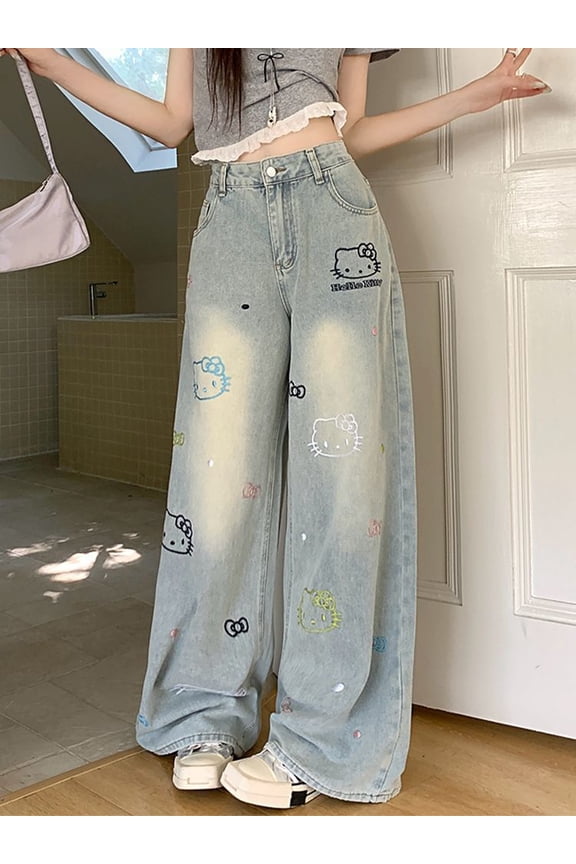 Sanrio Hello Kitty Wide Leg Jeans Denim Women Casual Light Blue Embroidered Loose Straight-Leg Pants
