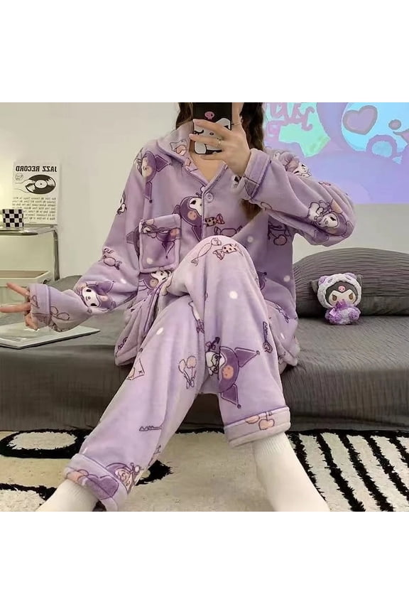 Sanrio Hello Kitty Winter Plush Pajamas Sets Women Kuromi Melody Cinnamoroll Home Clothes Suits Fashion Sleepwear Cute Pijama