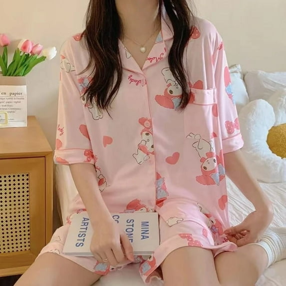 Sanrio Hello Kitty Woman Summer Pajamas Kuromi My Melody Cinnamoroll Lady Short Sleeve Suit Cute Cartoon Home Clothes Nightdress