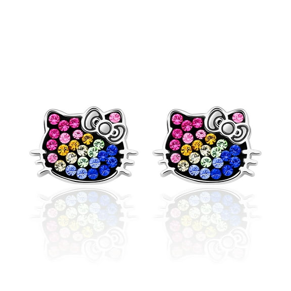 Sanrio Hello Kitty Womens Rainbow Crystal Stud Earrings - Silver Plated Rainbow Hello Kitty Earrings Officially Licensed
