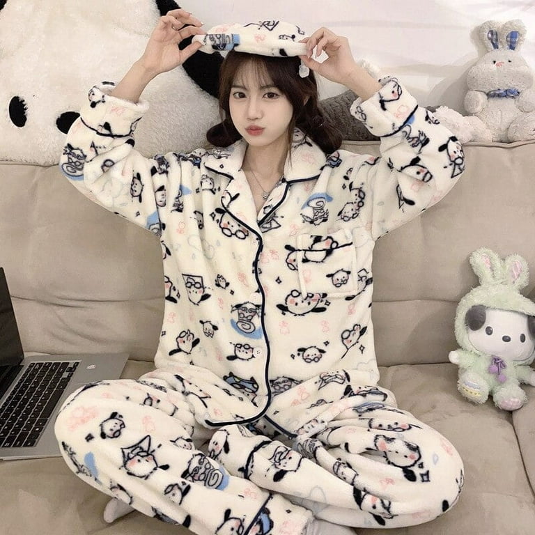 Sanrio Hello Kitty Women's Home Furnished Flannel Pajama Set Y2K Printed  Autumn/winter Pants Long Sleeve Casual Pajama Gift
