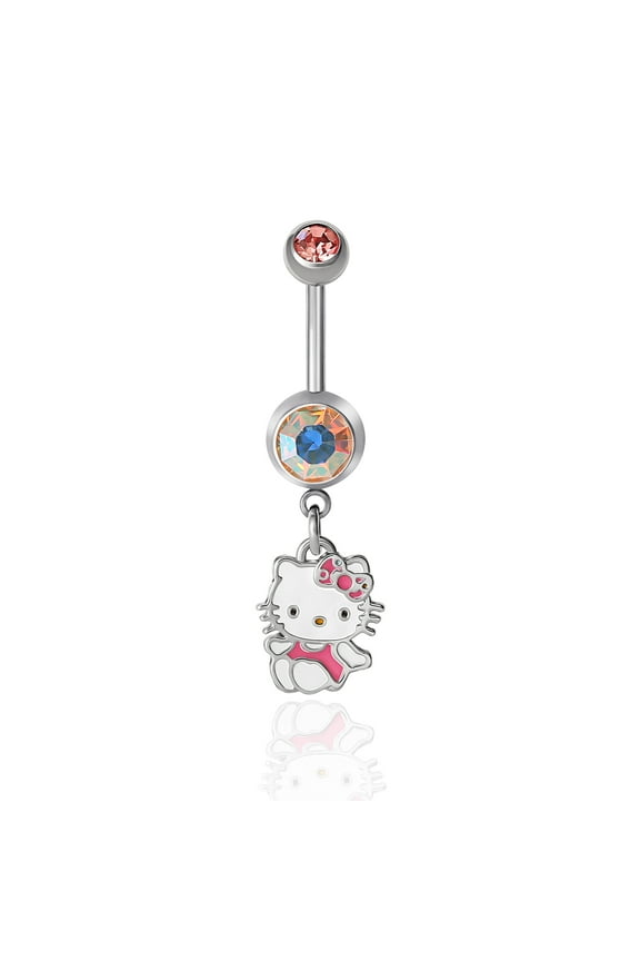 Hello Kitty Womens 14G Belly Button Ring - Rose Crystal and Stainless Steel Dangle Belly Button Ring - Officially Licensed
