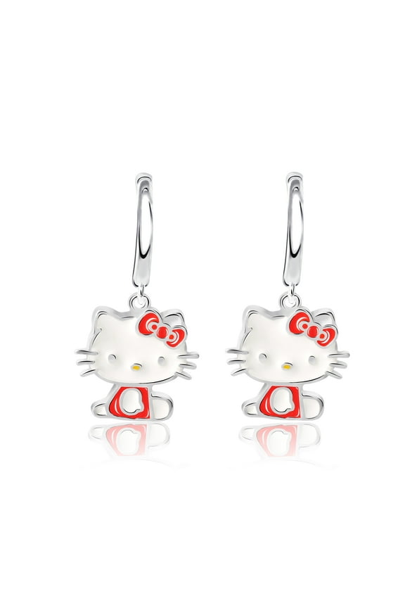 Sanrio Hello Kitty Womens Hoop Earrings- Plated Silver Hello Kitty Earrings- Hello Kitty Jewelry
