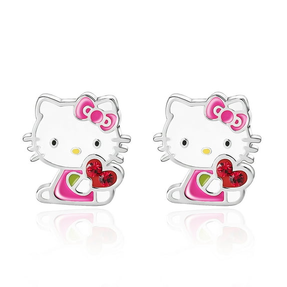 Sanrio Hello Kitty Womens Silver Plated Brass Stud Earrings - Rainbow Crystal Hello Kitty Earrings Officially Licensed