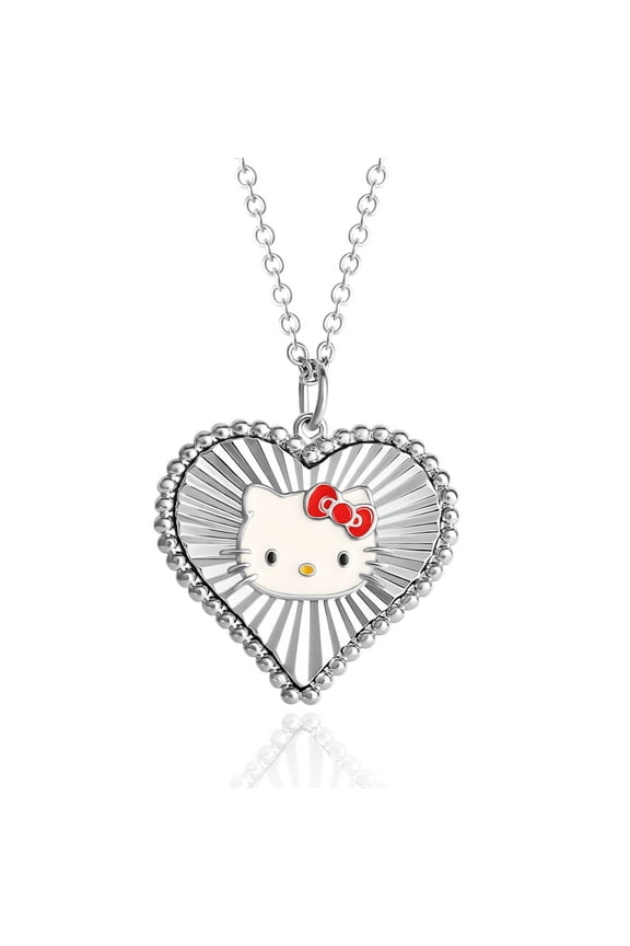 Sanrio Hello Kitty Womens Starburst Heart Rhodium Plated Pendant Necklace, 18'' - Officially Licensed