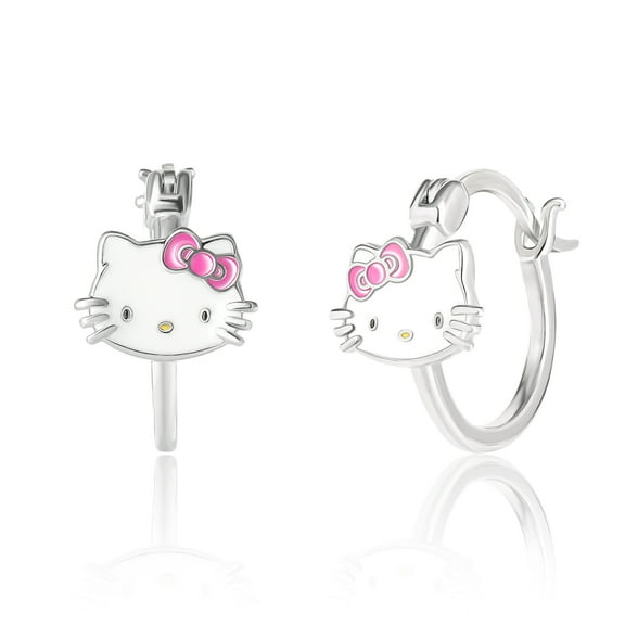 Sanrio Hello Kitty Womens Sterling Silver and Enamel Hoop Earrings, Officially Licensed